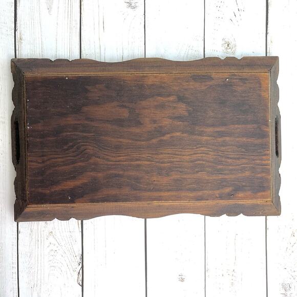 Vintage Rustic Hand Carved Wood Serving Tray with Retro Ceramic Flower Tiles 13" - Picture 11 of 11